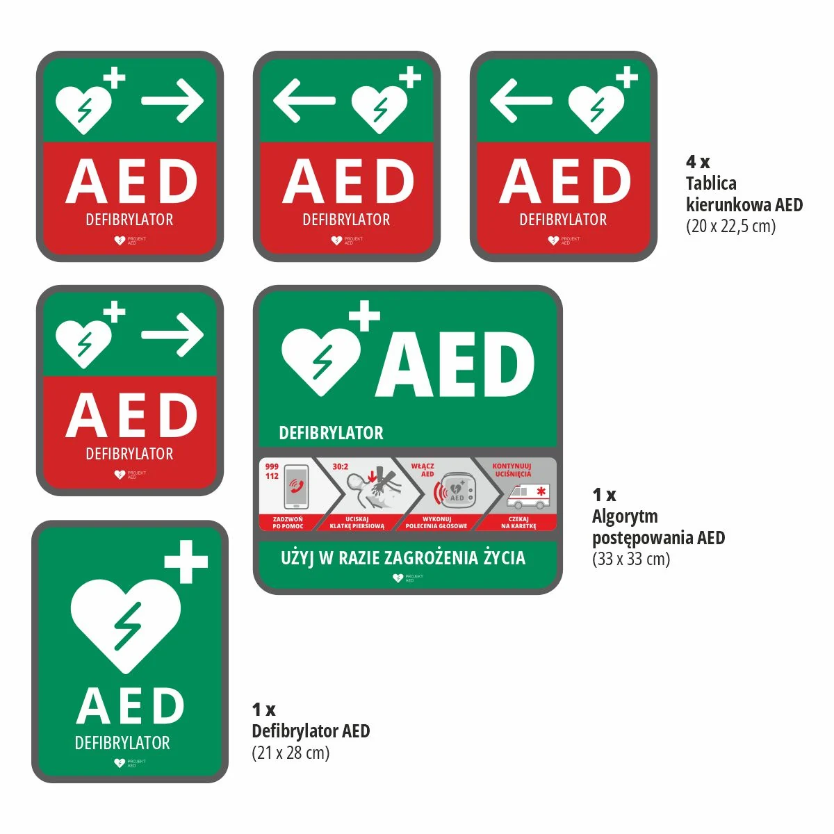 Zestaw tablic AED (informacyjna + algorytm + 4 kierunkowe)