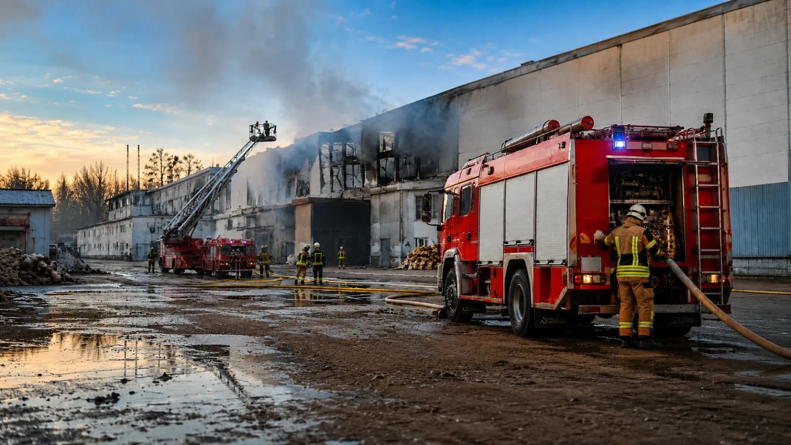 Wóz bojowy i strażacy podczas akcji gaśniczej przy płonącej hali o zmierzchu